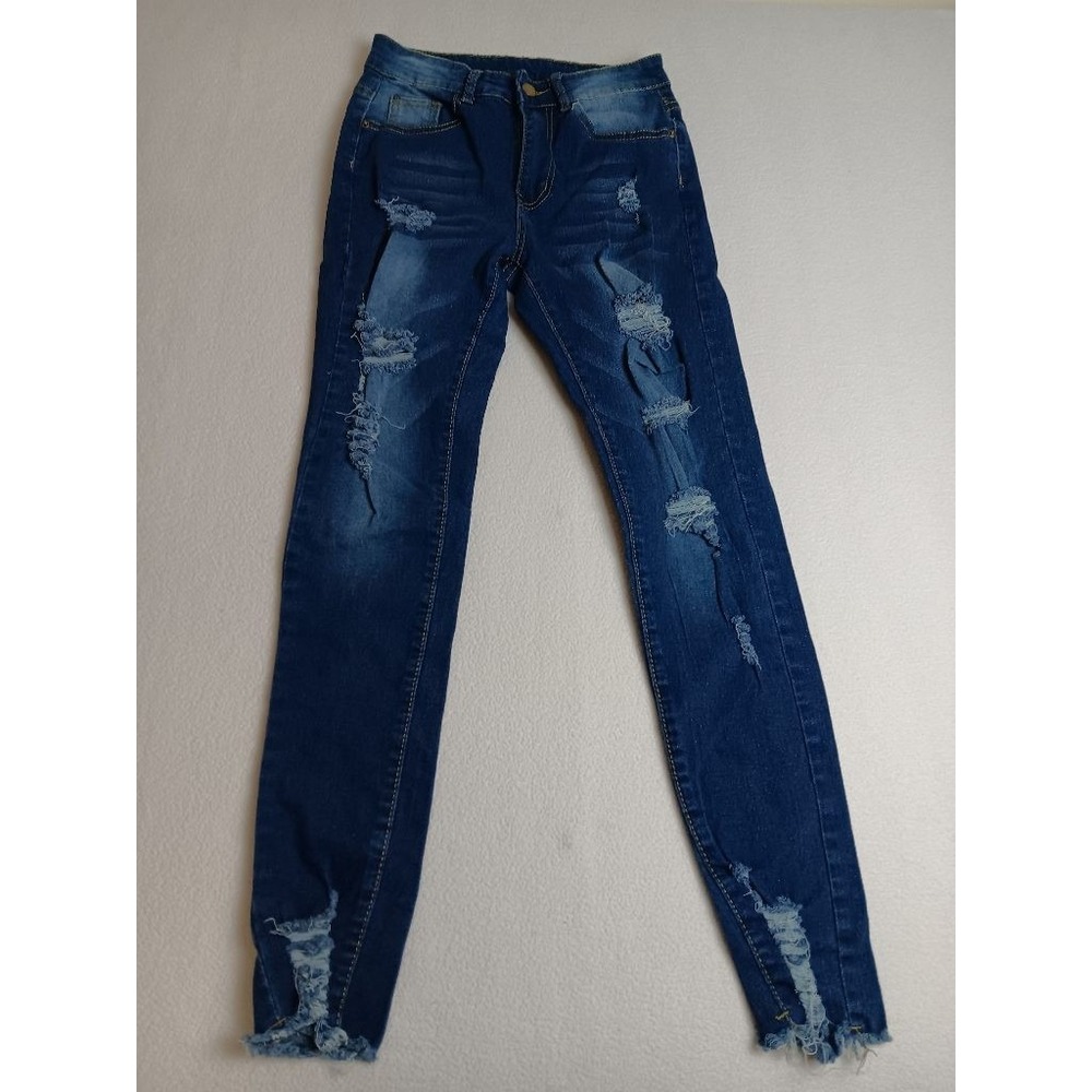 SHEIN Womens XS Skinny Jeans Distressed Ripped Raw Hem Dark Blue Stretch Denim